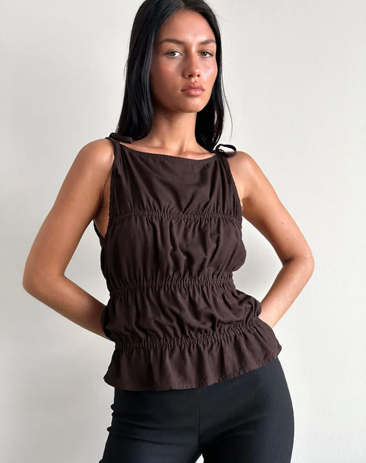 Women Motel Rocks Vest Tops | Beck Ruched Tie Strap Top in Bitter Chocolate