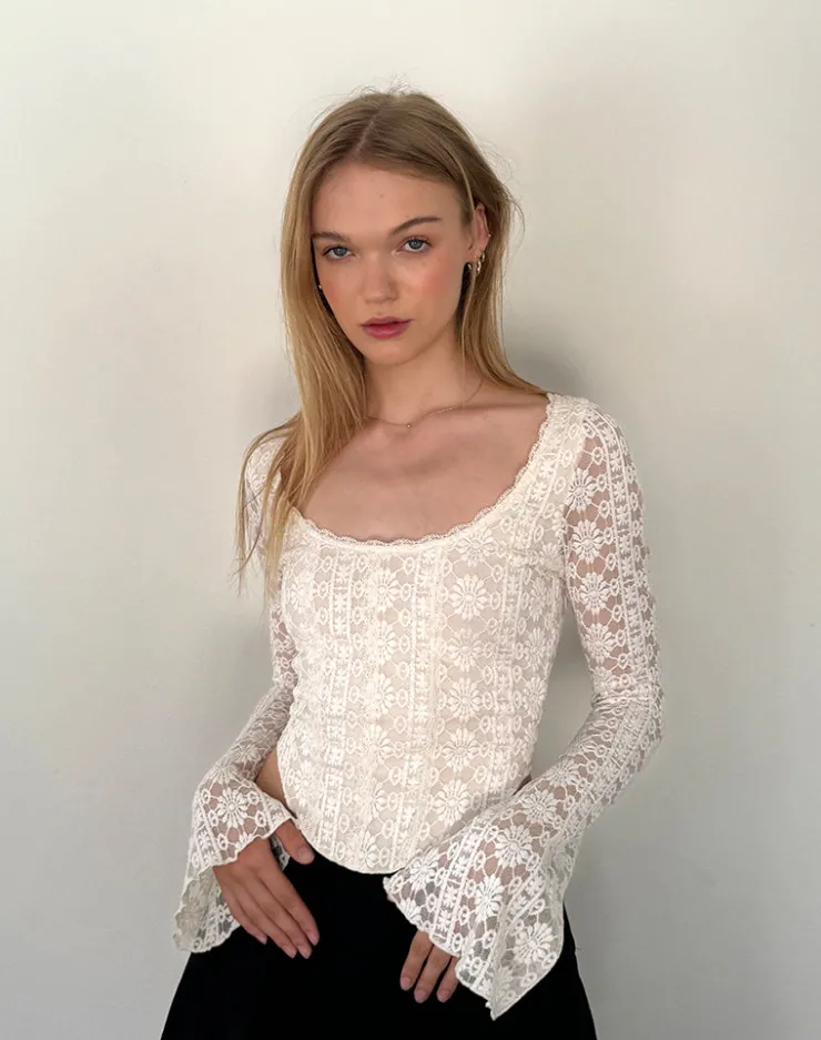 Women Motel Rocks Corset Tops | Long Sleeve Tops | Belle Long Sleeve Top in Regal Lace Ivory