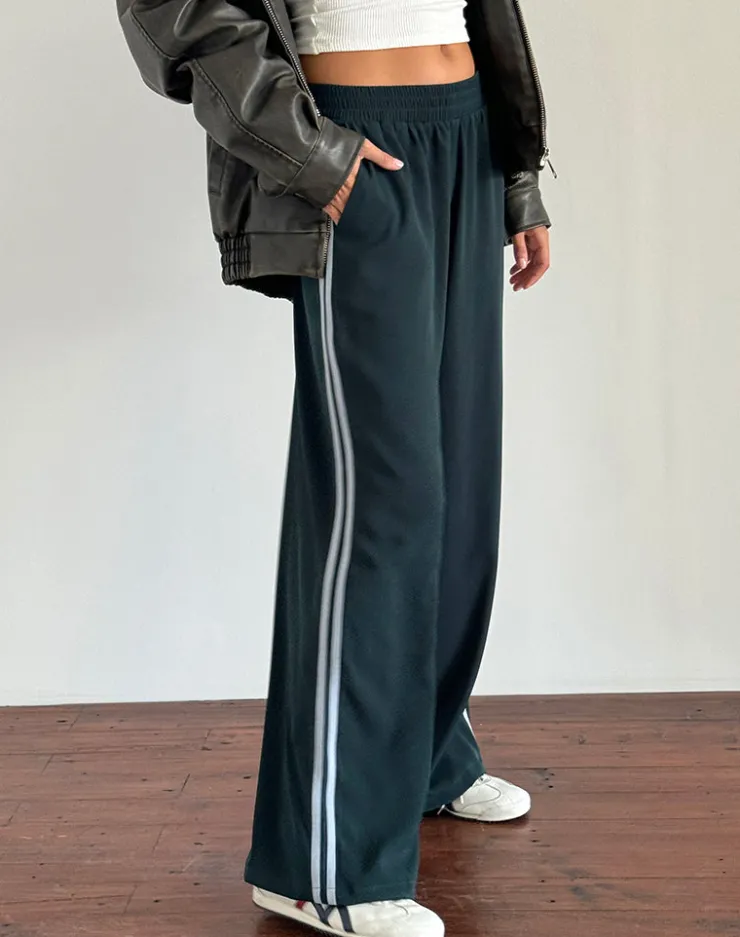 Women Motel Rocks Wide Leg Pants | Low Rise Pants | Bennett Trouser in Forest with Blue Stripe