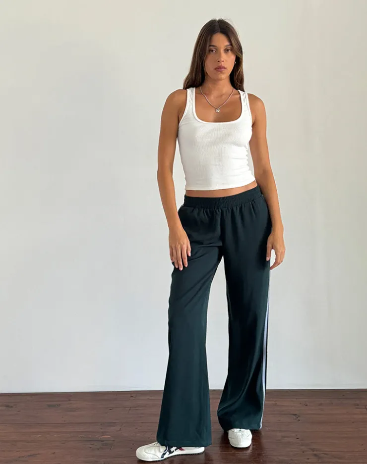 Women Motel Rocks Wide Leg Pants | Low Rise Pants | Bennett Trouser in Forest with Blue Stripe