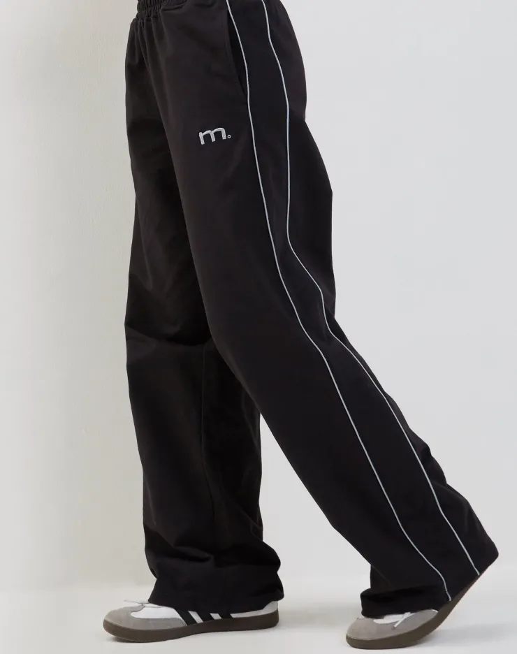 Women Motel Rocks Wide Leg Pants | LOUNGEWEAR | Benton Wide Leg Jogger in Black with Dark Grey Piping and 'M' Embroidery