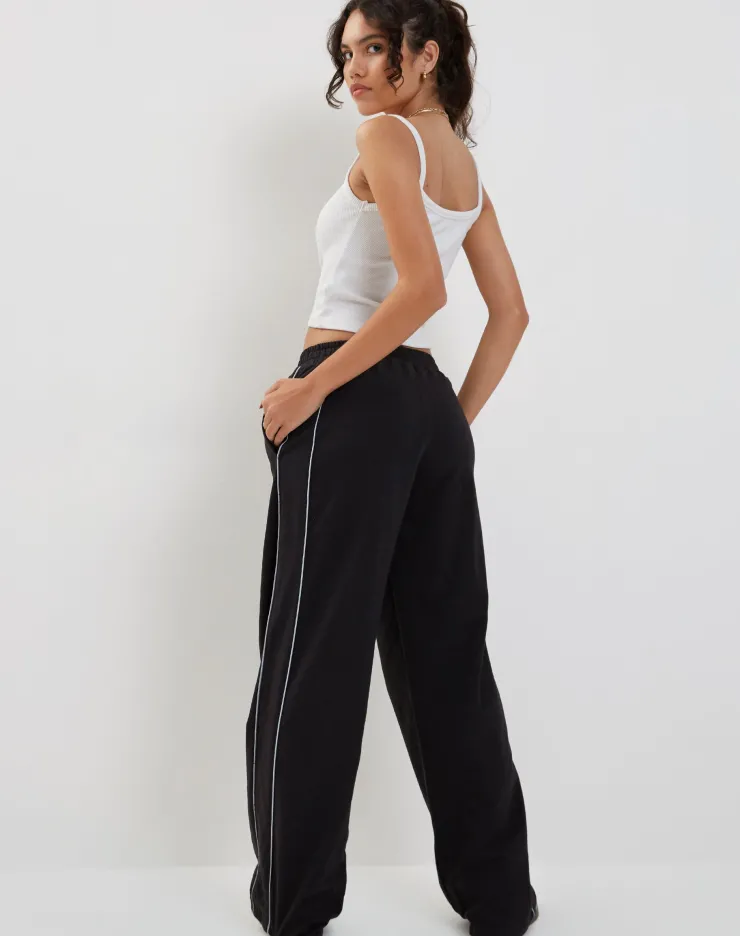 Women Motel Rocks Wide Leg Pants | LOUNGEWEAR | Benton Wide Leg Jogger in Black with Dark Grey Piping and 'M' Embroidery