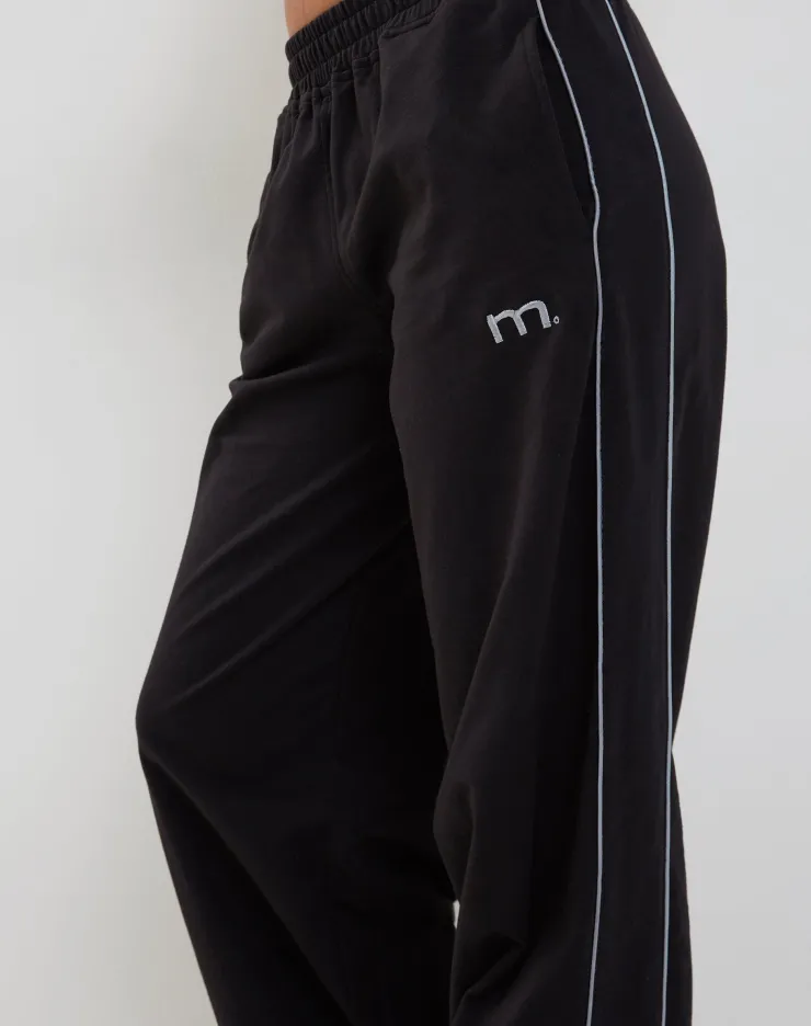 Women Motel Rocks Wide Leg Pants | LOUNGEWEAR | Benton Wide Leg Jogger in Black with Dark Grey Piping and 'M' Embroidery