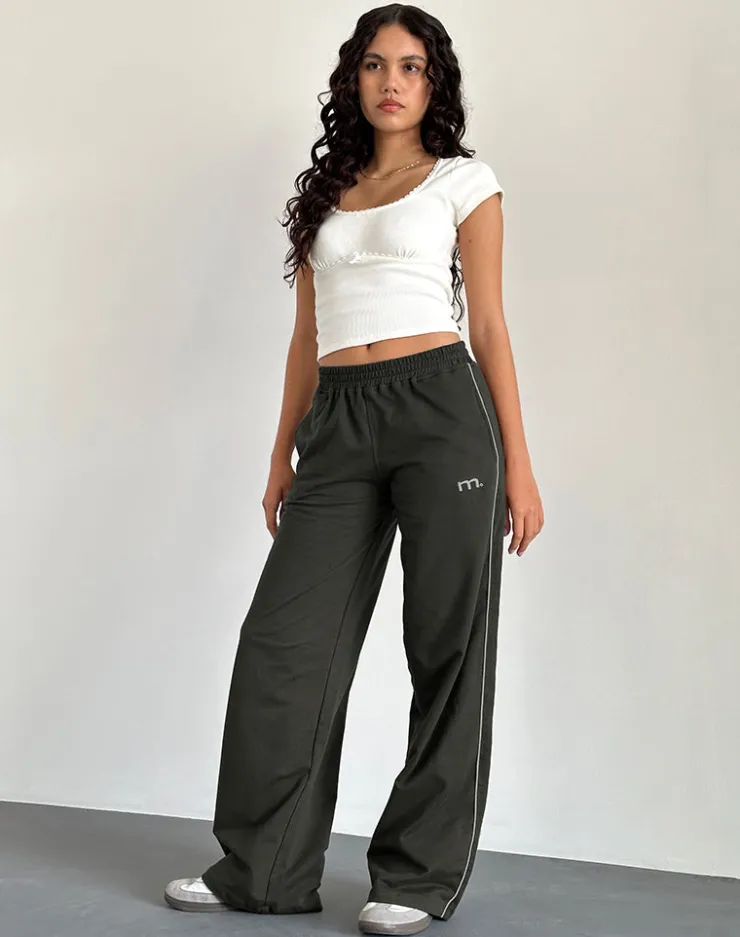 Women Motel Rocks Wide Leg Pants | Low Rise Pants | Benton Wide Leg Jogger in Olive with 'M' Embroidery