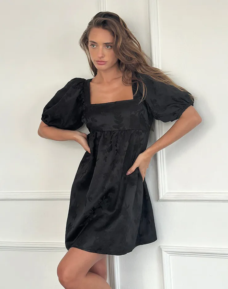 Women Motel Rocks Party Dresses | Mini Dresses | Bimbi Babydoll Mini Dress in Satin Jacquard Black