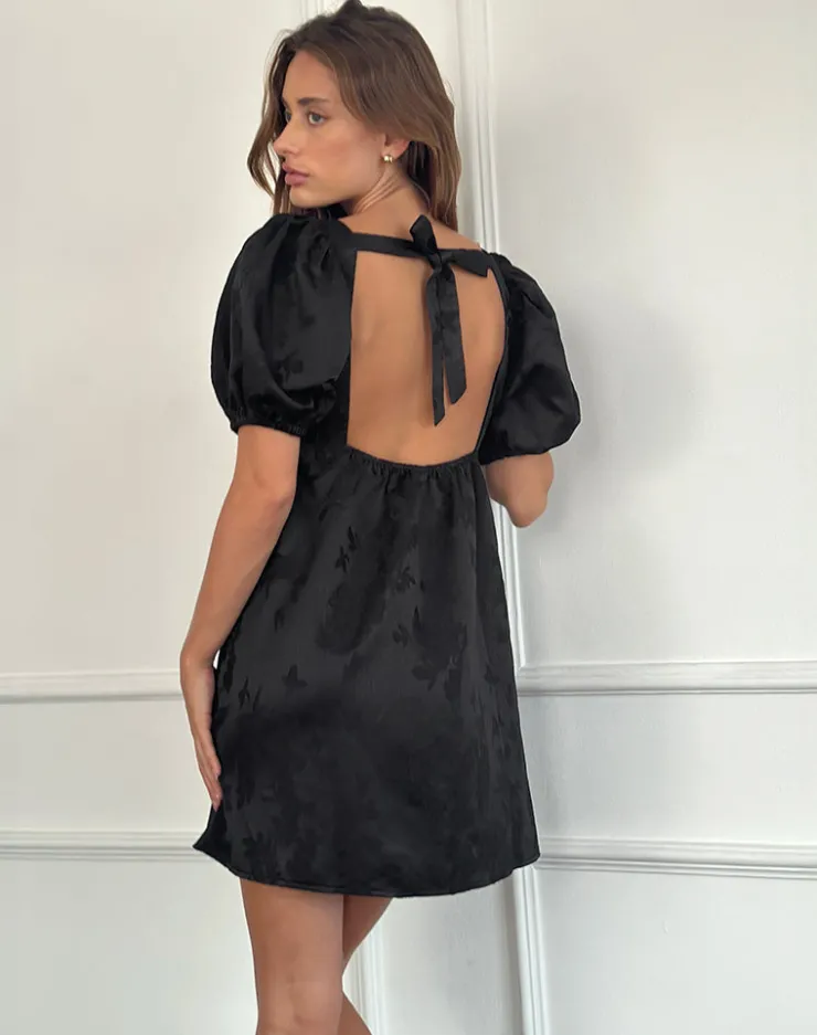 Women Motel Rocks Party Dresses | Mini Dresses | Bimbi Babydoll Mini Dress in Satin Jacquard Black