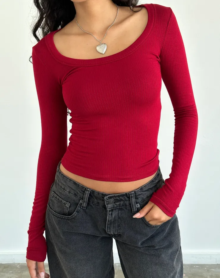 Women Motel Rocks Basics | Basic Tops | Binlo Extra Long Sleeve Top in Adrenaline Red Rib