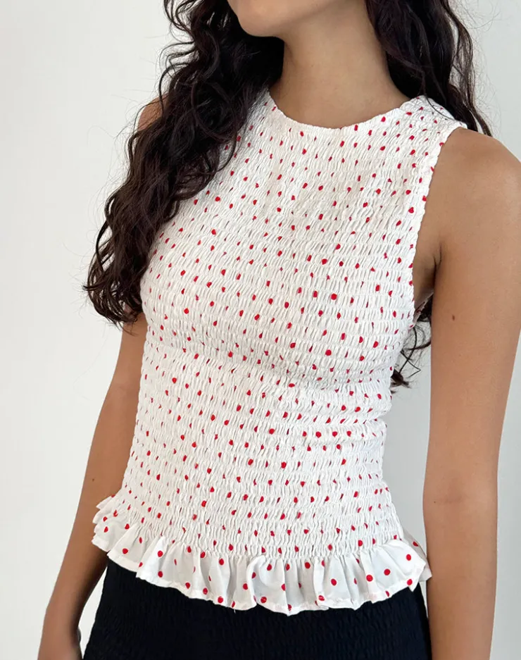 Women Motel Rocks Vest Tops | Printed Tops | Birita Shirred Tank Top in White and Red Polkadot