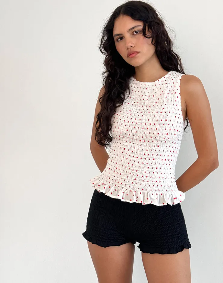 Women Motel Rocks Vest Tops | Printed Tops | Birita Shirred Tank Top in White and Red Polkadot