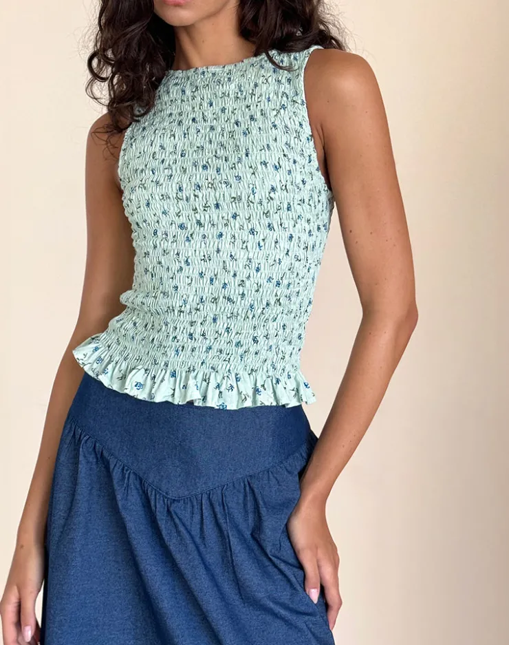 Women Motel Rocks Printed Tops | Birita Shirred Top in Pretty Petal Green