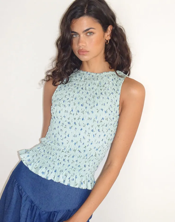 Women Motel Rocks Printed Tops | Birita Shirred Top in Pretty Petal Green