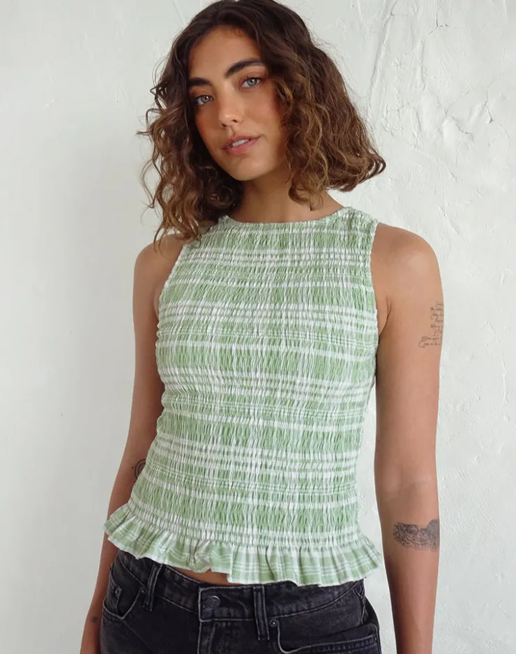 Women Motel Rocks Printed Tops | Birita Shirred Top in Table Cloth Neo Mint