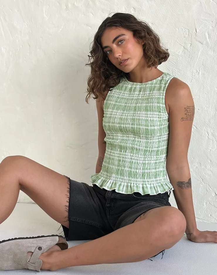 Women Motel Rocks Printed Tops | Birita Shirred Top in Table Cloth Neo Mint