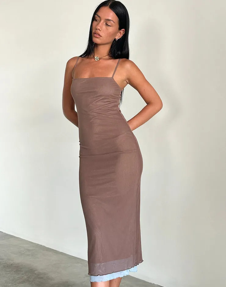 Women Motel Rocks Bodycon Dresses | Midi Dresses | Bisilk Midi Dress in Mesh Brown with Light Blue