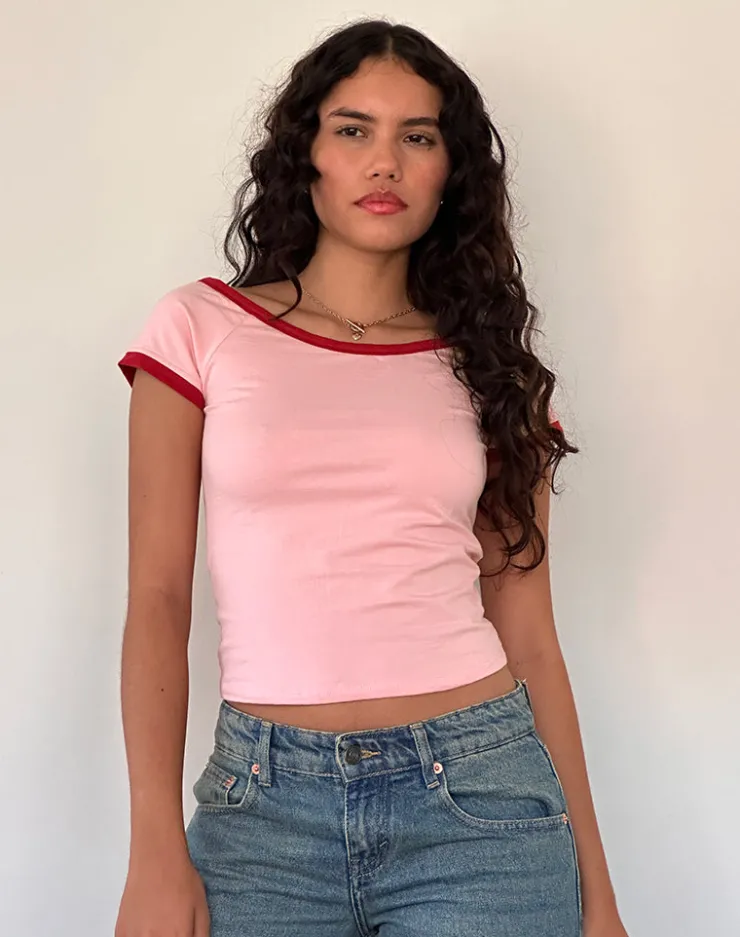 Women Motel Rocks Basics | Basic Tops | Bitha Top in Ballet Pink with Adrenaline Red Binding