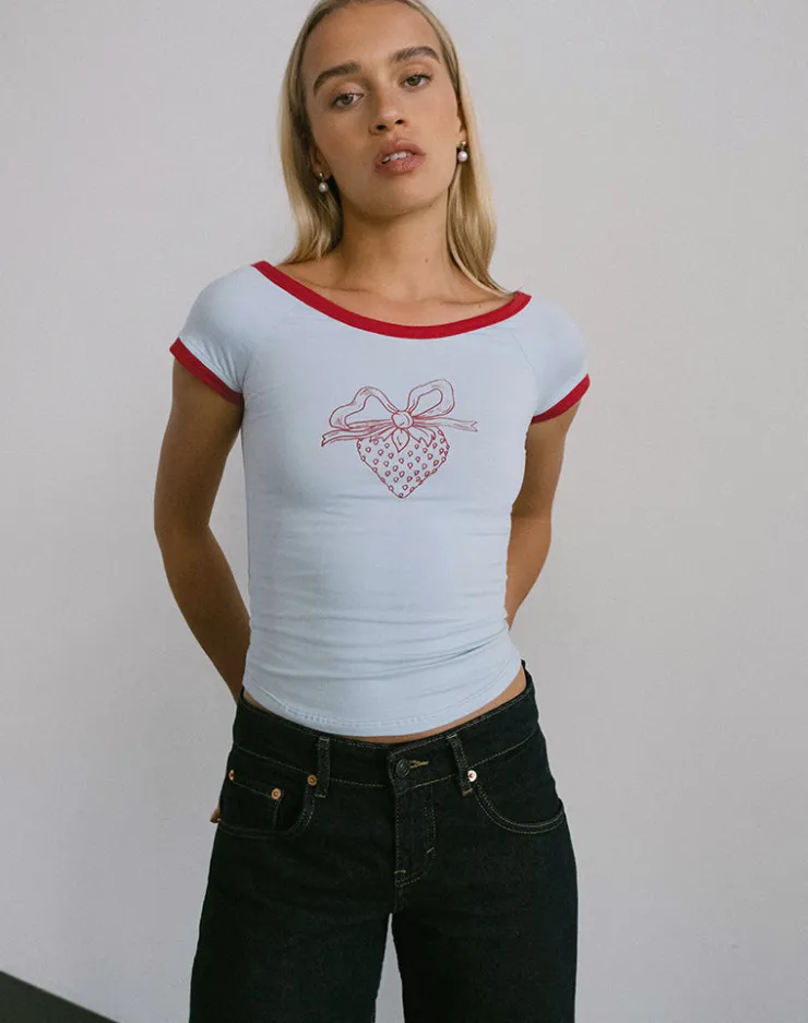 Women Motel Rocks Basic Tops | Printed Tops | Bitha Top in Powder Blue with Adrenaline Red Binding and Strawberry Bow Print