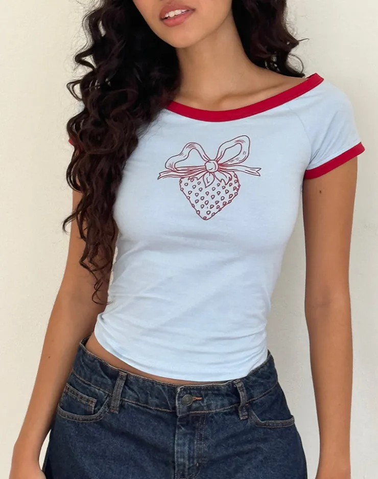 Women Motel Rocks Basic Tops | Printed Tops | Bitha Top in Powder Blue with Adrenaline Red Binding and Strawberry Bow Print