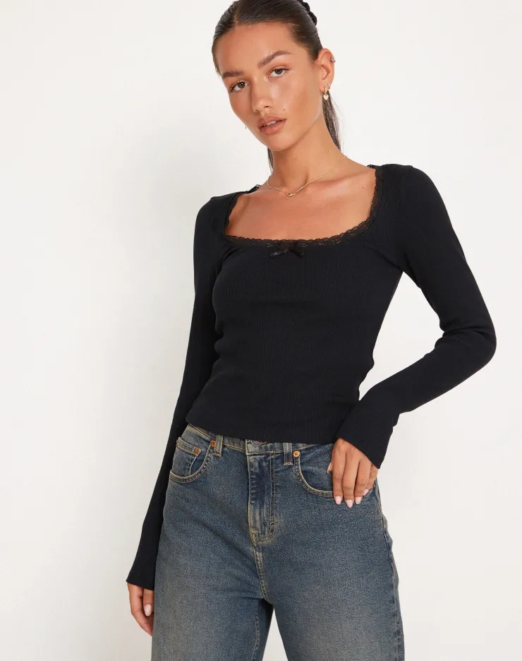 Women Motel Rocks Basics | Basic Tops | Bovita Long Sleeve Top in Rib Black