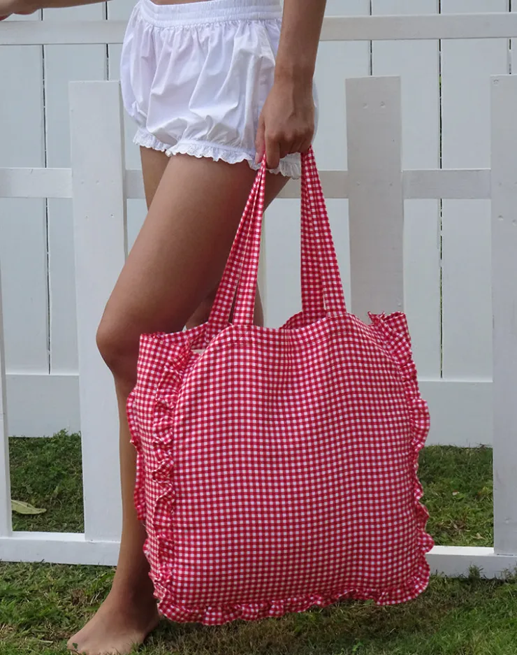 Women Motel Rocks Swimwear | Brie Frill Tote Bag in Red Gingham