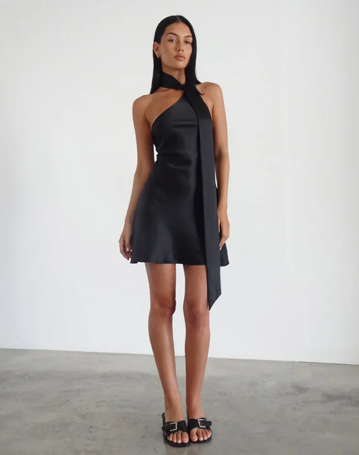 Women Motel Rocks Little Black Dresses | Party Dresses | Brigid One Shoulder Satin Dress in Black