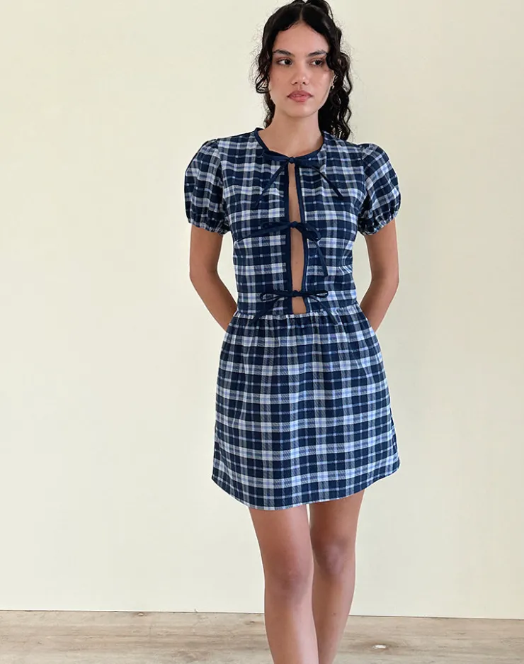 Women Motel Rocks Tailoring | Day Dresses | Byan Tie Front Dress in Tartan Dark Blue