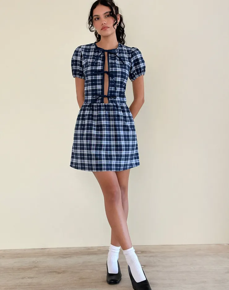 Women Motel Rocks Tailoring | Day Dresses | Byan Tie Front Dress in Tartan Dark Blue