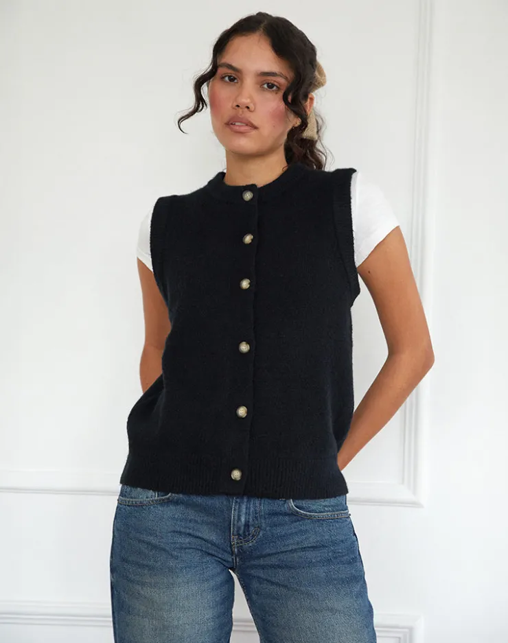 Women Motel Rocks Vest Tops | Camira Knitted Button Through Vest in Black