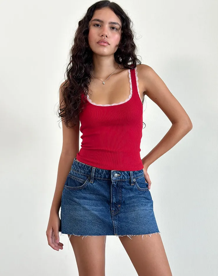 Women Motel Rocks Basic Tops | Vest Tops | Cartas Top in Adrenaline Red with Pink Lace