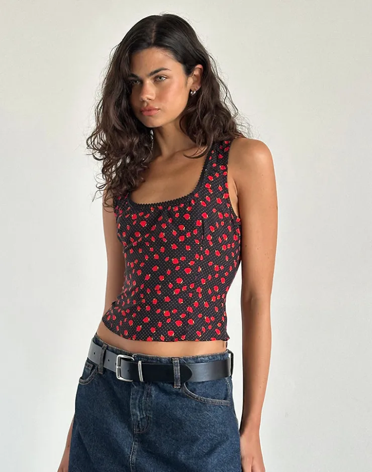 Women Motel Rocks Basic Tops | Vest Tops | Carys Vest Top in Strawberry Polka Black