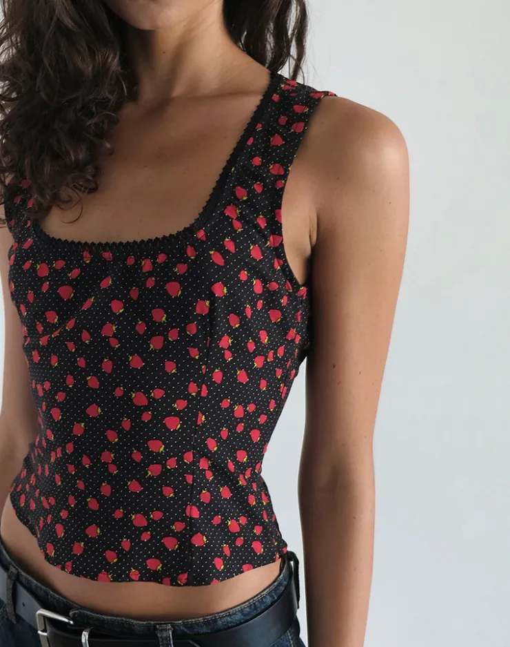 Women Motel Rocks Basic Tops | Vest Tops | Carys Vest Top in Strawberry Polka Black