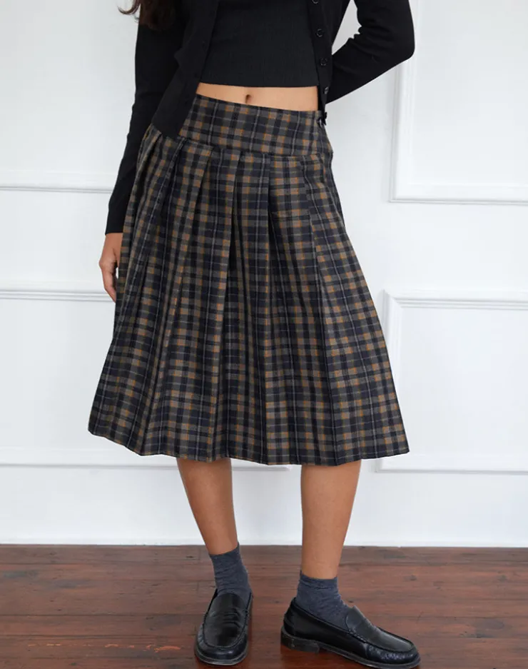 Women Motel Rocks Printed Skirts | Pleated Skirts | Catelyn Pleated Midi Skirt in Navy Mustard Check