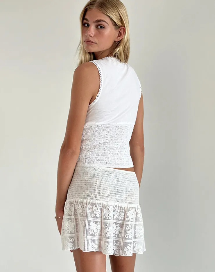 Women Motel Rocks Mini Skirts | Cathyna Crochet Shirred Mini Skirt in Poplin White