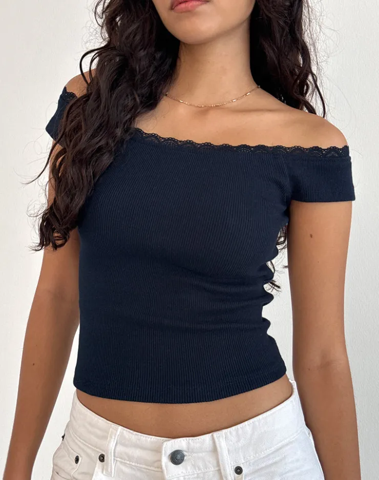 Women Motel Rocks Basic Tops | Chacha Bardot Top in Rib Lace Navy