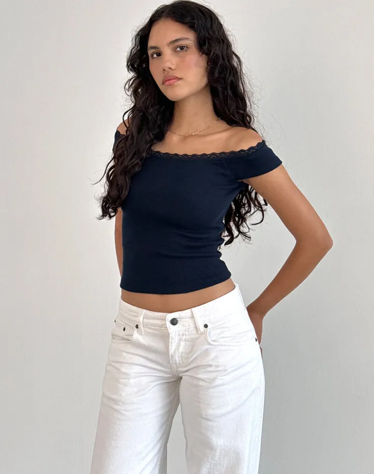 Women Motel Rocks Basic Tops | Chacha Bardot Top in Rib Lace Navy