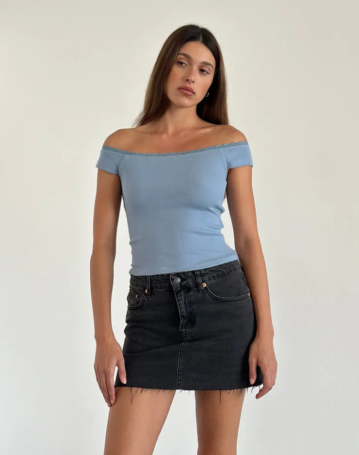 Women Motel Rocks Basic Tops | Chacha Ribbed Bardot Top in Nantucket Blue Lace