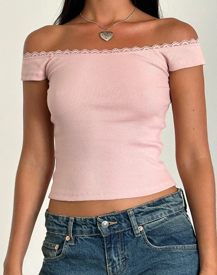 Women Motel Rocks Basic Tops | Chacha Top in Rib Lace Pink Lady