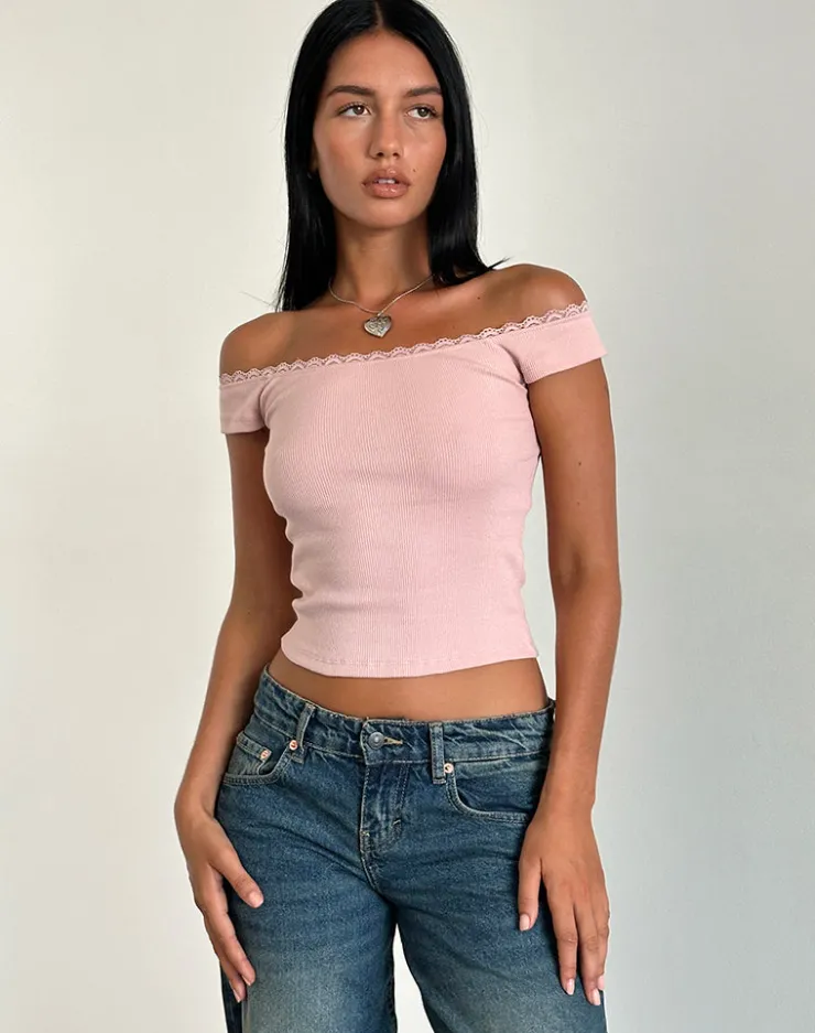 Women Motel Rocks Basic Tops | Chacha Top in Rib Lace Pink Lady