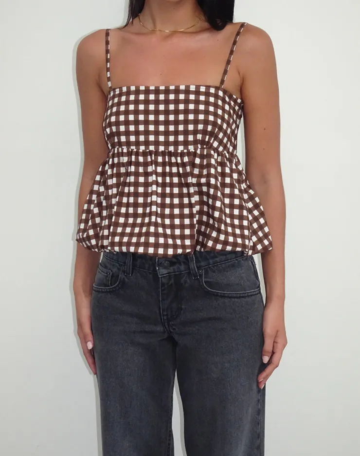 Women Motel Rocks Printed Tops | Strappy Tops | Charlita Frill Cami Top in Tonal Gingham Brown