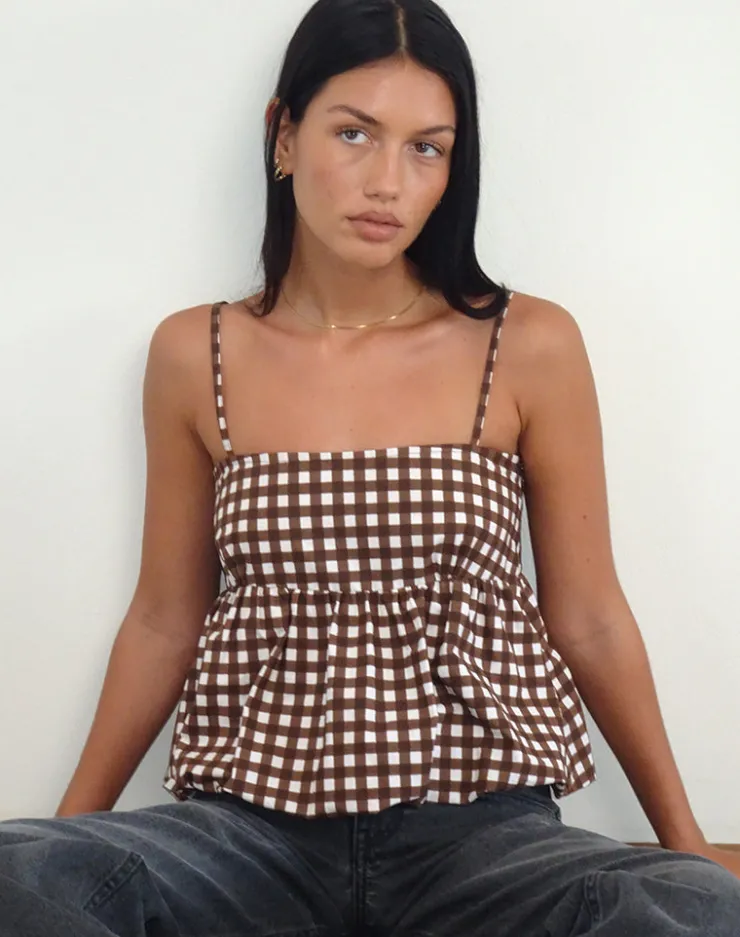 Women Motel Rocks Printed Tops | Strappy Tops | Charlita Frill Cami Top in Tonal Gingham Brown