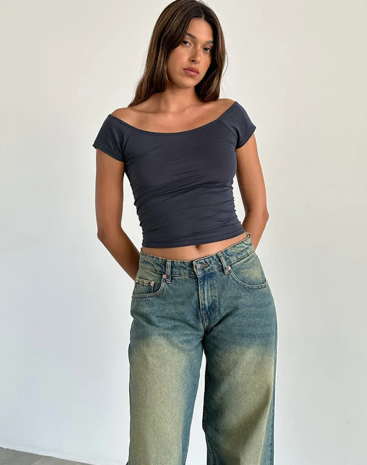 Women Motel Rocks Basic Tops | Charya Off The Shoulder Top in Ocean Storm