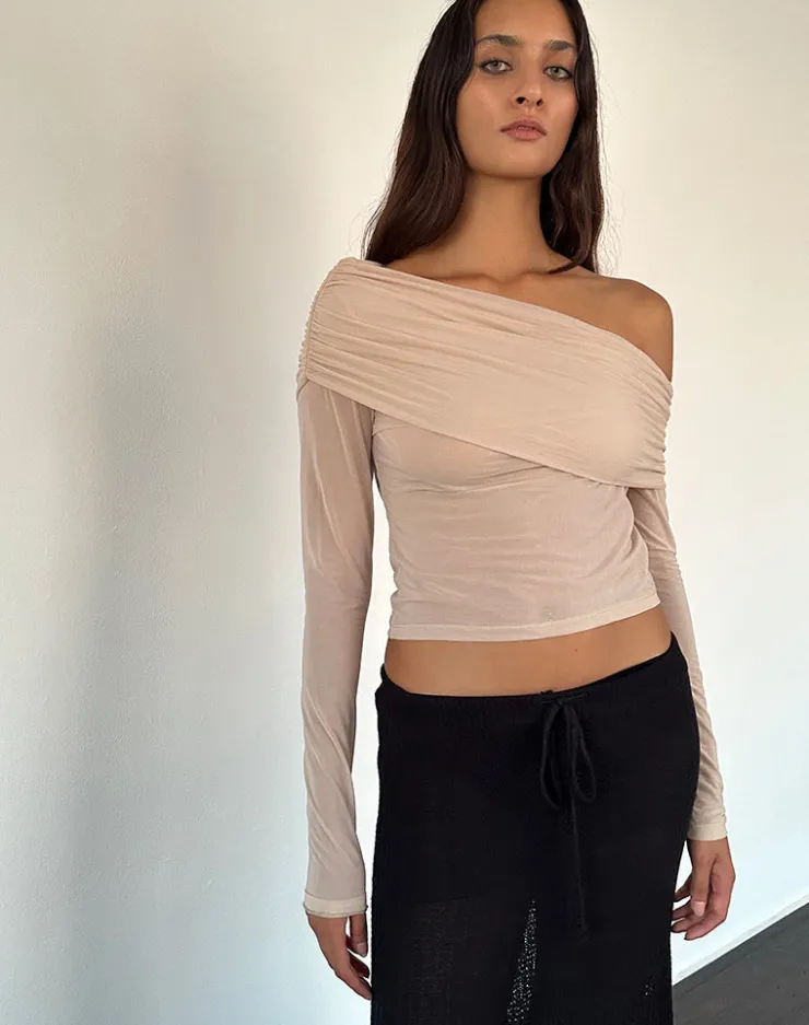 Women Motel Rocks Long Sleeve Tops | Going Out Tops | Chidi Sheer Mesh Bardot Top in Camel