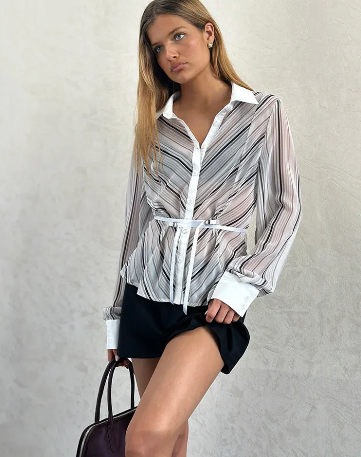 Women Motel Rocks Shirts And Blouses | Long Sleeve Tops | Christabel Shirt in Diagonal Stripe Tonal Grey