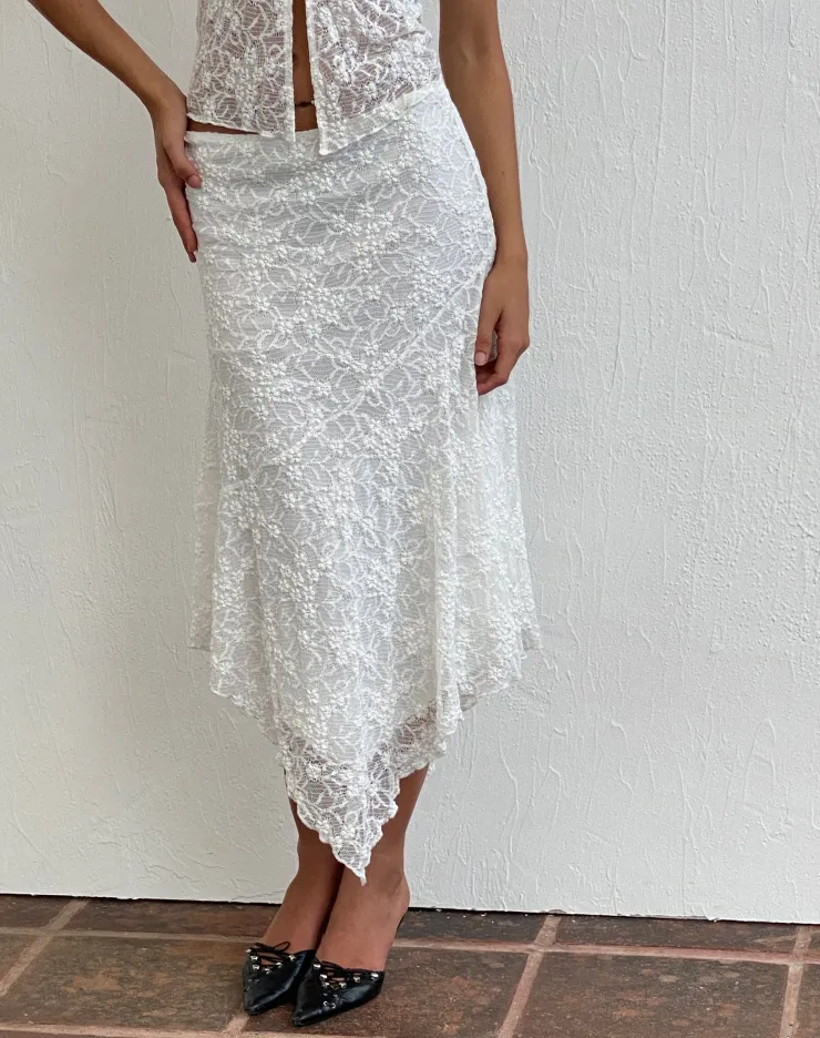 Women Motel Rocks A Line Skirts | Cinta Low Rise Midi Skirt in Lace Ivory