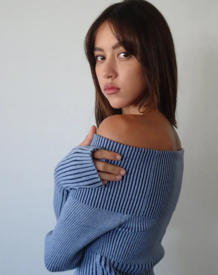 Women Motel Rocks Jumpers | Long Sleeve Tops | Circe Knitted Bardot Jumper in Two Tone Blue