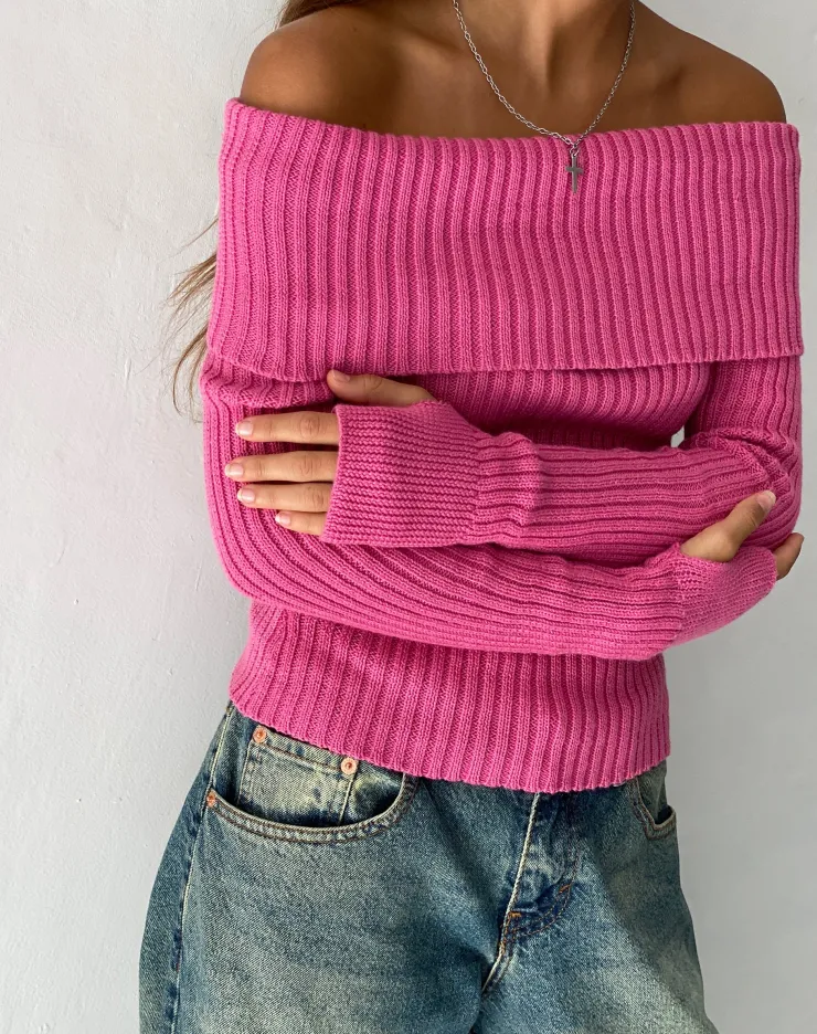 Women Motel Rocks Jumpers | Long Sleeve Tops | Circe Off-Shoulder Long Sleeve Knit Top in Hot Pink