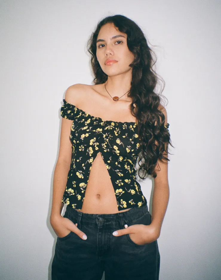 Women Motel Rocks Printed Tops | Citra Bardot Frill Top in Buttercup Black Yellow