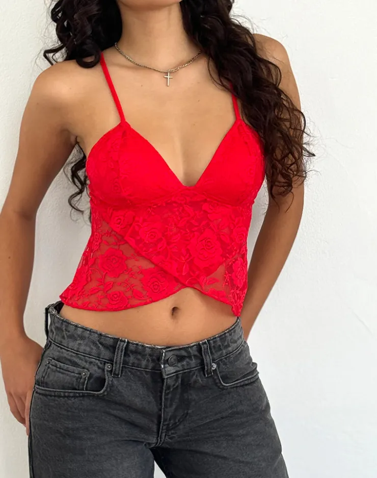 Women Motel Rocks Strappy Tops | Lace Tops | Cojira Lace Butterfly Top in Big Rose Red