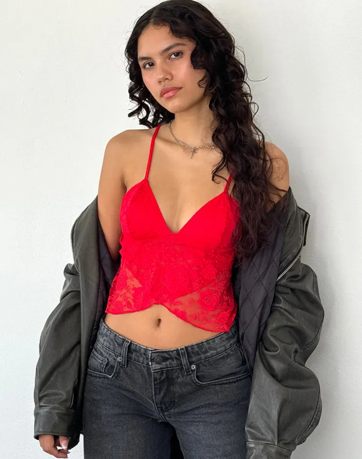 Women Motel Rocks Strappy Tops | Lace Tops | Cojira Lace Butterfly Top in Big Rose Red