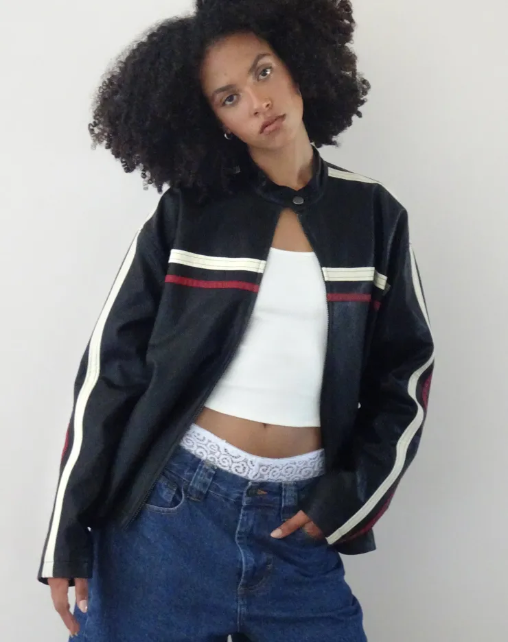 Women Motel Rocks Pu Jackets | Colton Jacket in PU Black with Ivory and Red Stripe