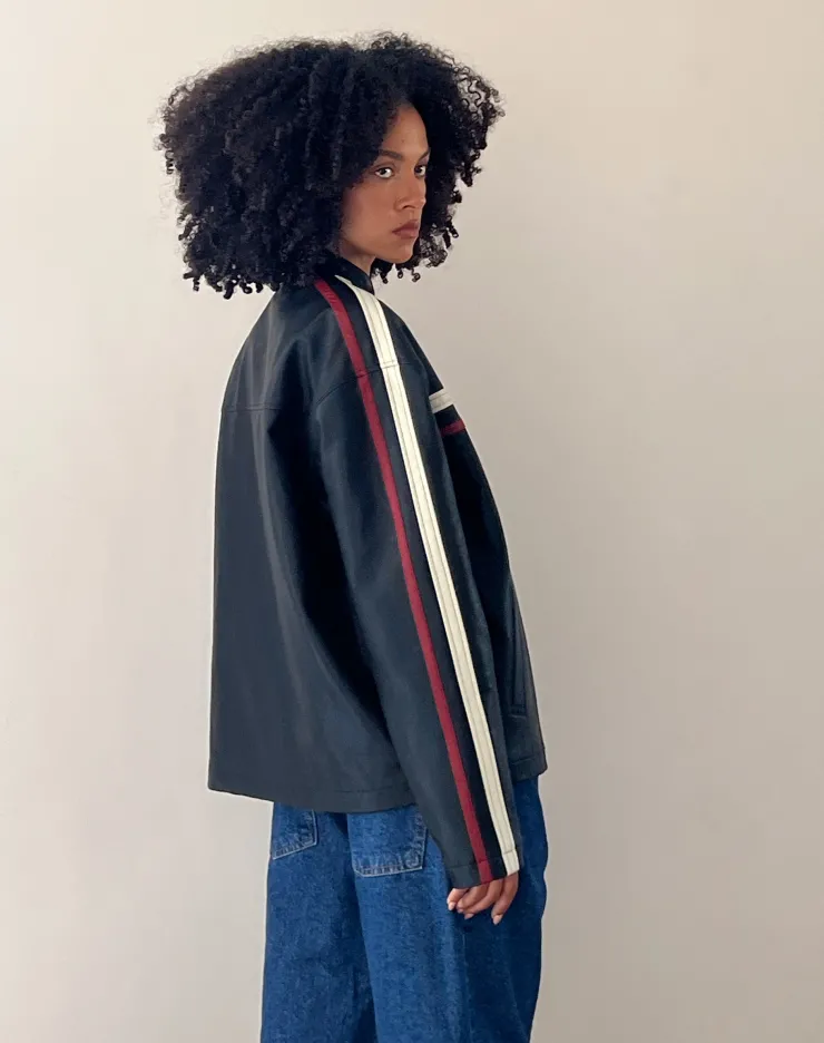 Women Motel Rocks Pu Jackets | Colton Jacket in PU Black with Ivory and Red Stripe